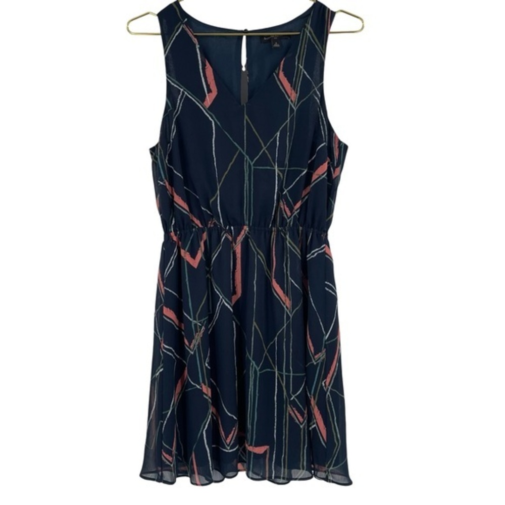 Banana Republic blue multi color geometric A-line smocked cutout back dress 2